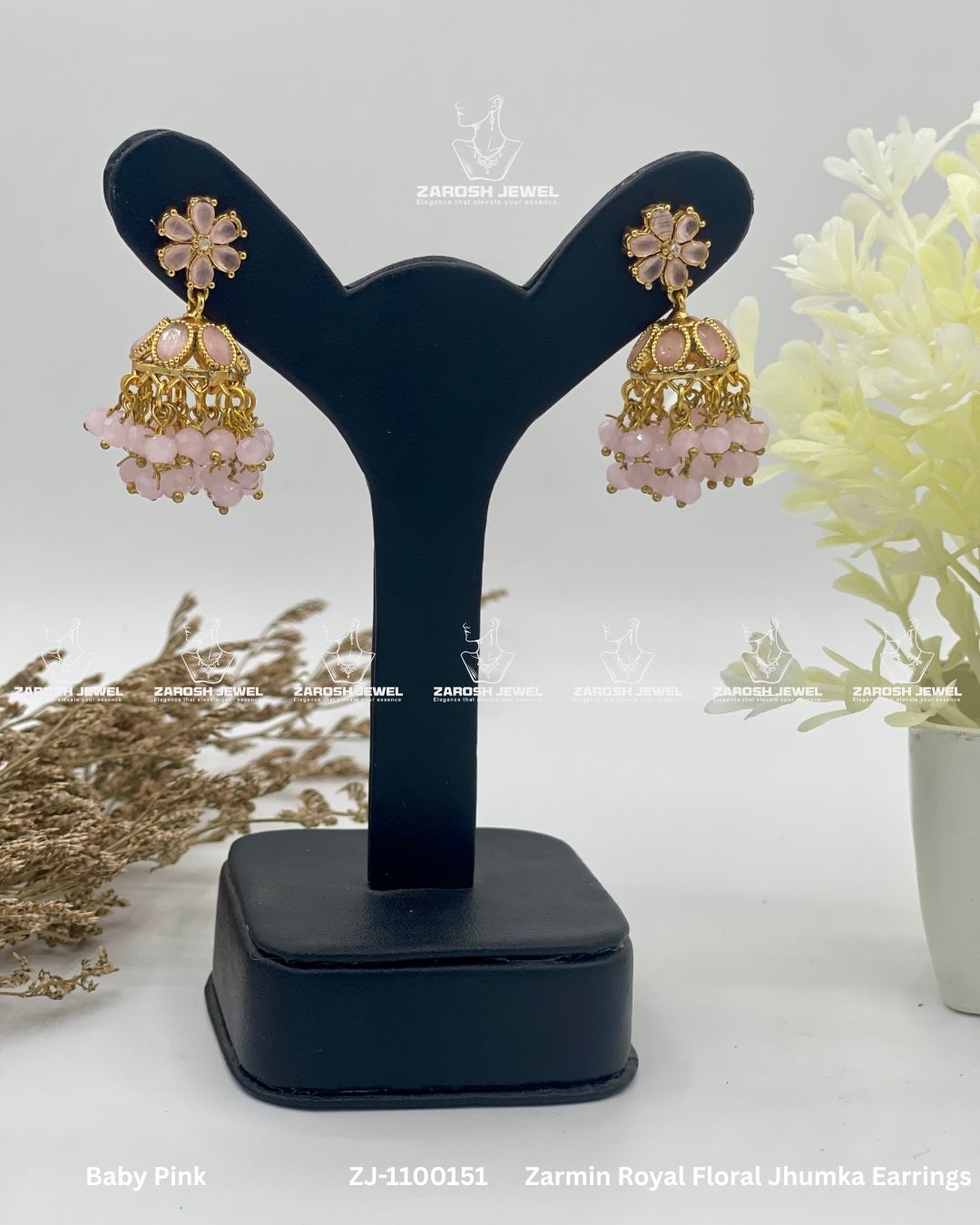 Zarmin Royal Floral Jhumka Earrings | ZAROSH JEWEL Baby Pink
