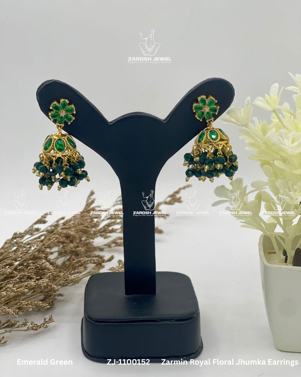 Zarmin Royal Floral Jhumka Earrings | ZAROSH JEWEL Emerald Green