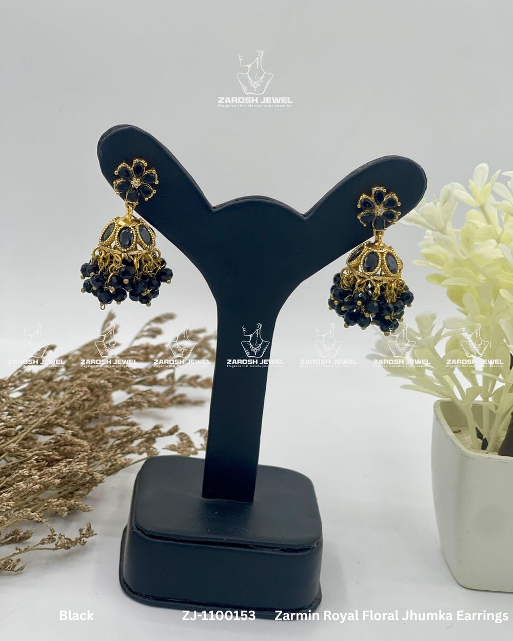 Zarmin Royal Floral Jhumka Earrings | ZAROSH JEWEL Black