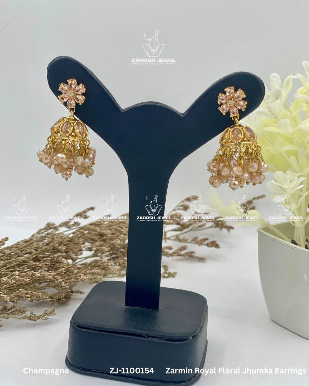 Zarmin Royal Floral Jhumka Earrings | ZAROSH JEWEL Champagne