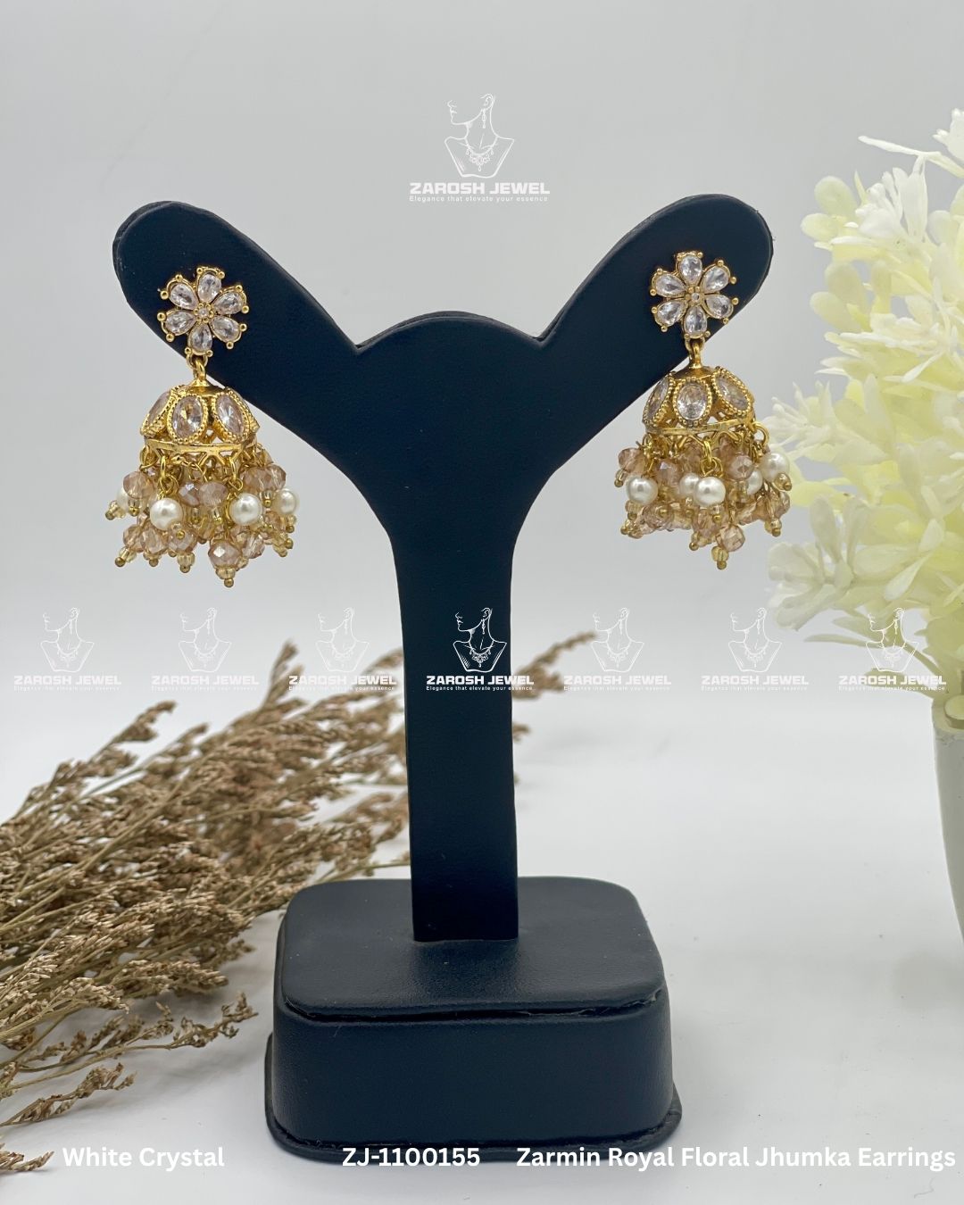 Zarmin Royal Floral Jhumka Earrings | ZAROSH JEWEL White Crystal