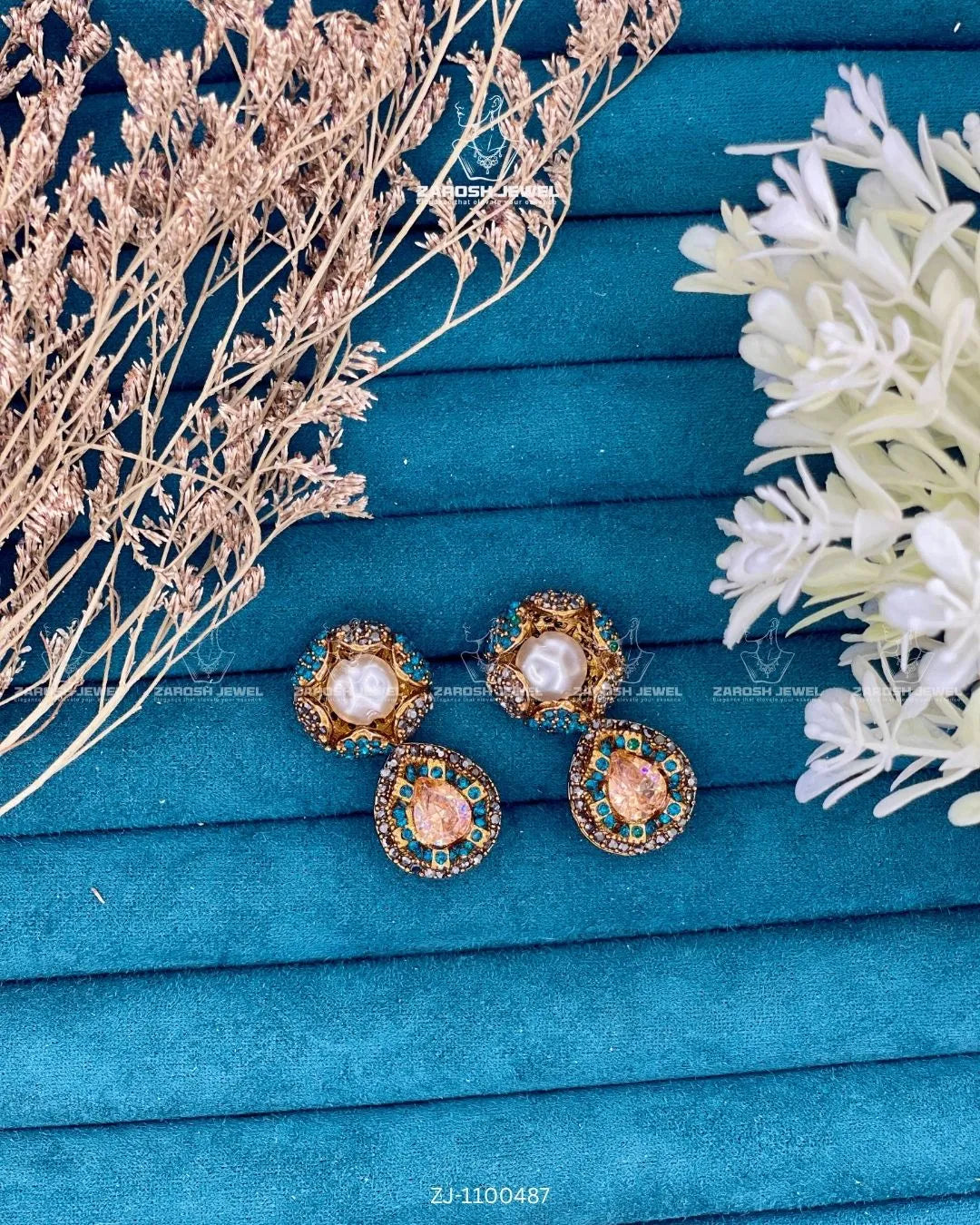 Kundan Pearl Drop Earrings | ZAROSH JEWEL Turquoise