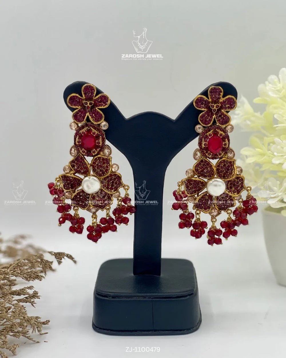 Bridal Pearl Floral Jhumkay | ZAROSH JEWEL Red