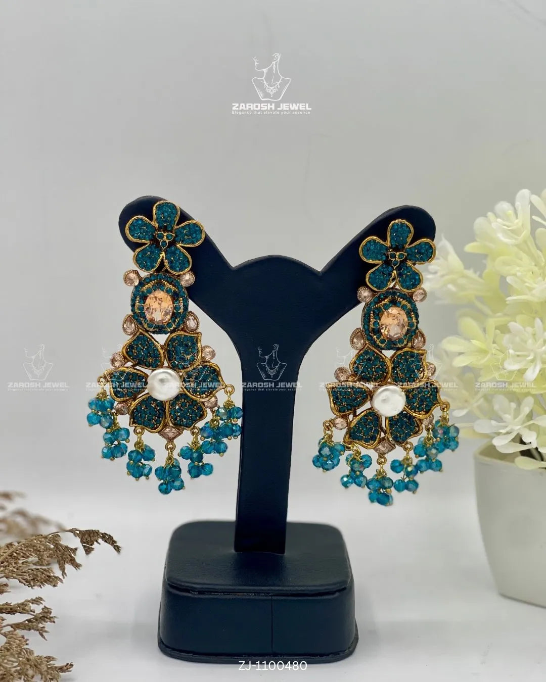Bridal Pearl Floral Jhumkay | ZAROSH JEWEL Turquoise