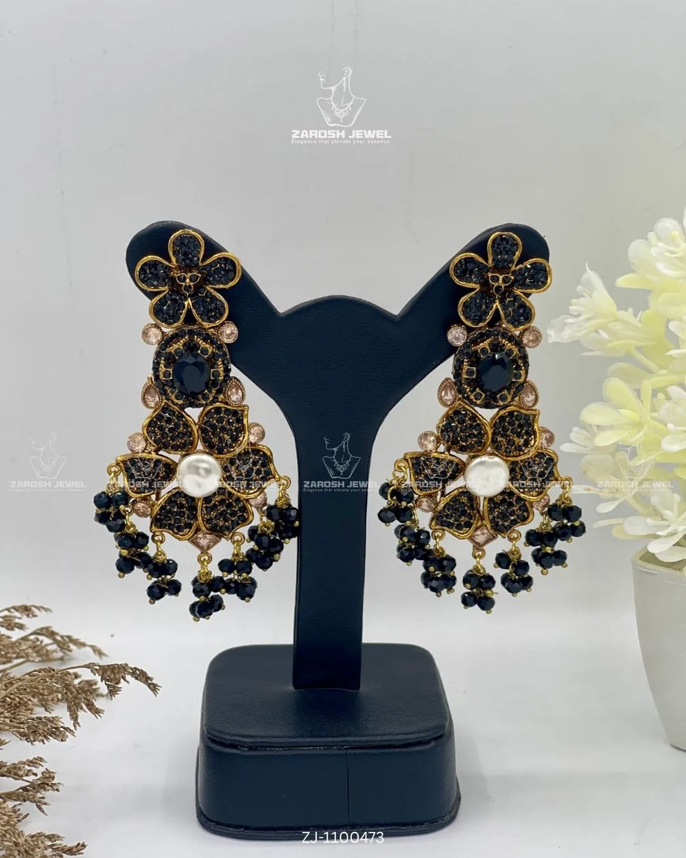 Bridal Pearl Floral Jhumkay | ZAROSH JEWEL Black