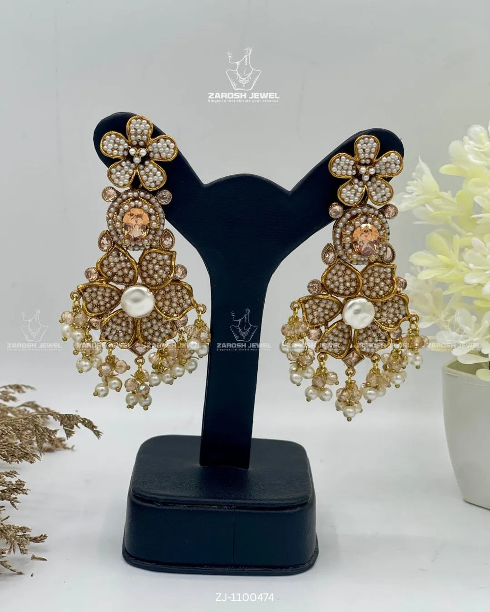 Bridal Pearl Floral Jhumkay | ZAROSH JEWEL Champagne
