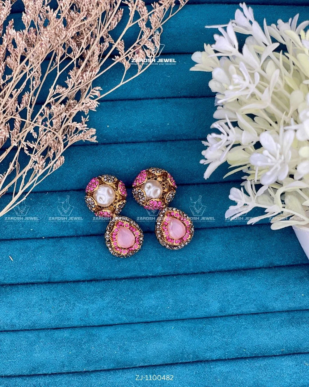Kundan Pearl Drop Earrings | ZAROSH JEWEL Fuchsia
