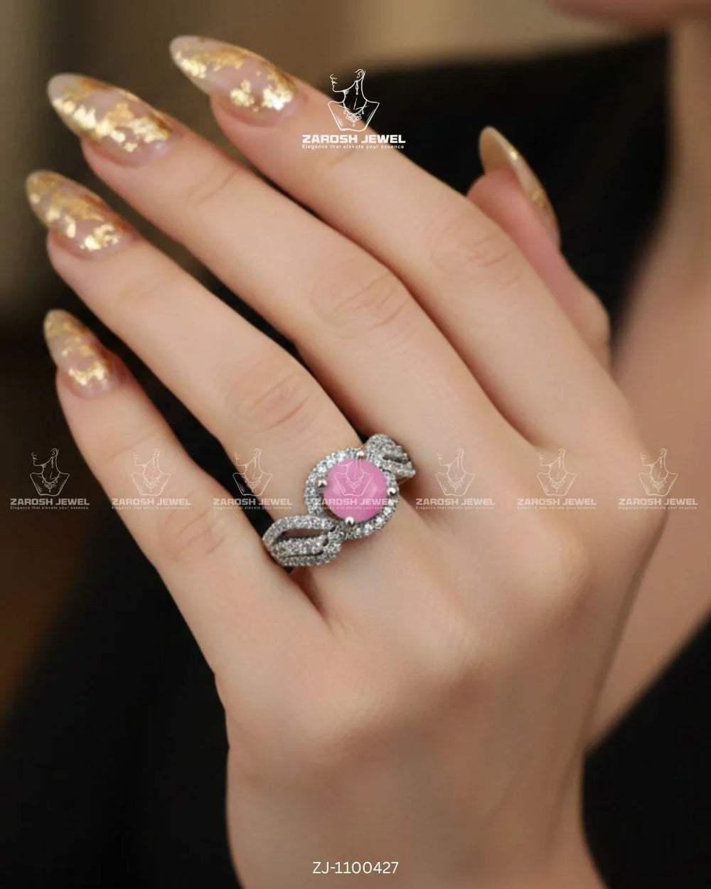 Noor-e-Aab Halo Ring | ZAROSH JEWEL Mint Pink
