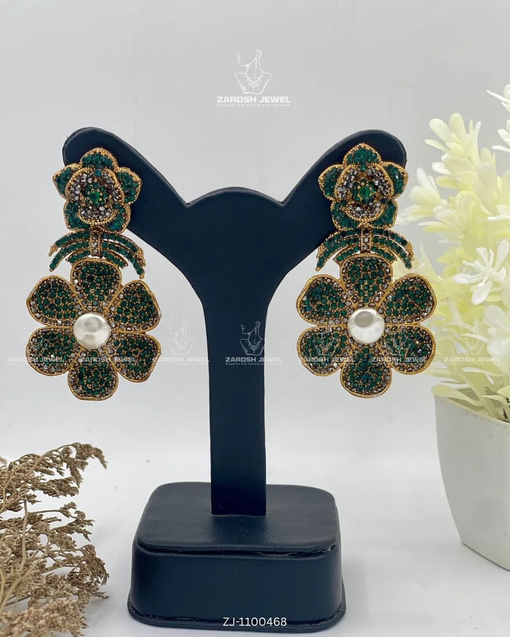 Gul-e-Shab Stud Earrings | ZAROSH JEWEL Emerald Green