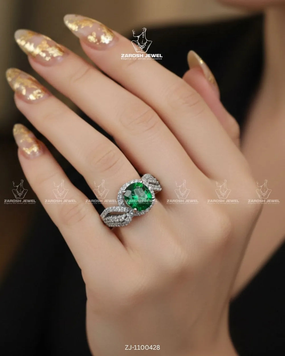 Noor-e-Aab Halo Ring | ZAROSH JEWEL Green
