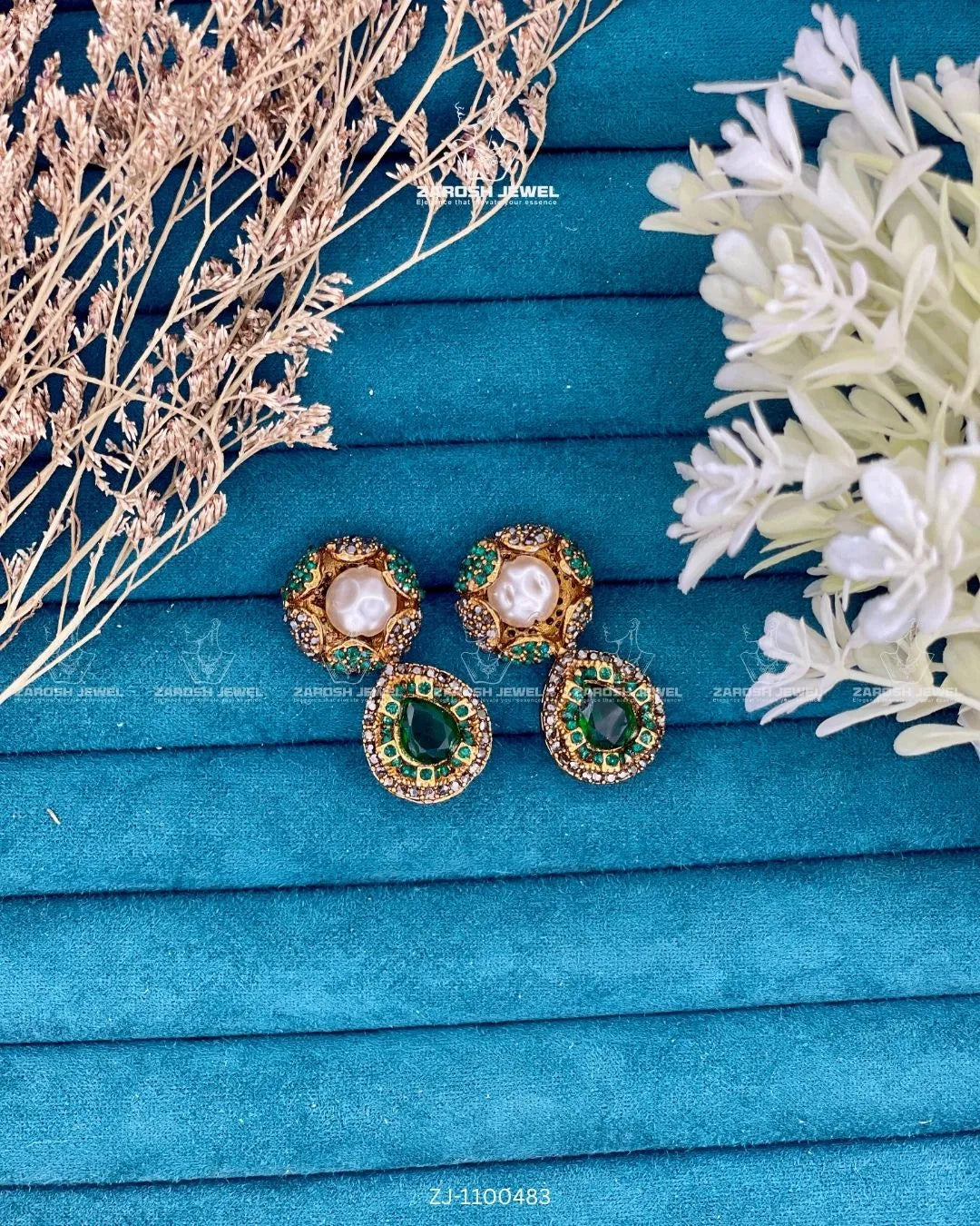 Kundan Pearl Drop Earrings | ZAROSH JEWEL Green