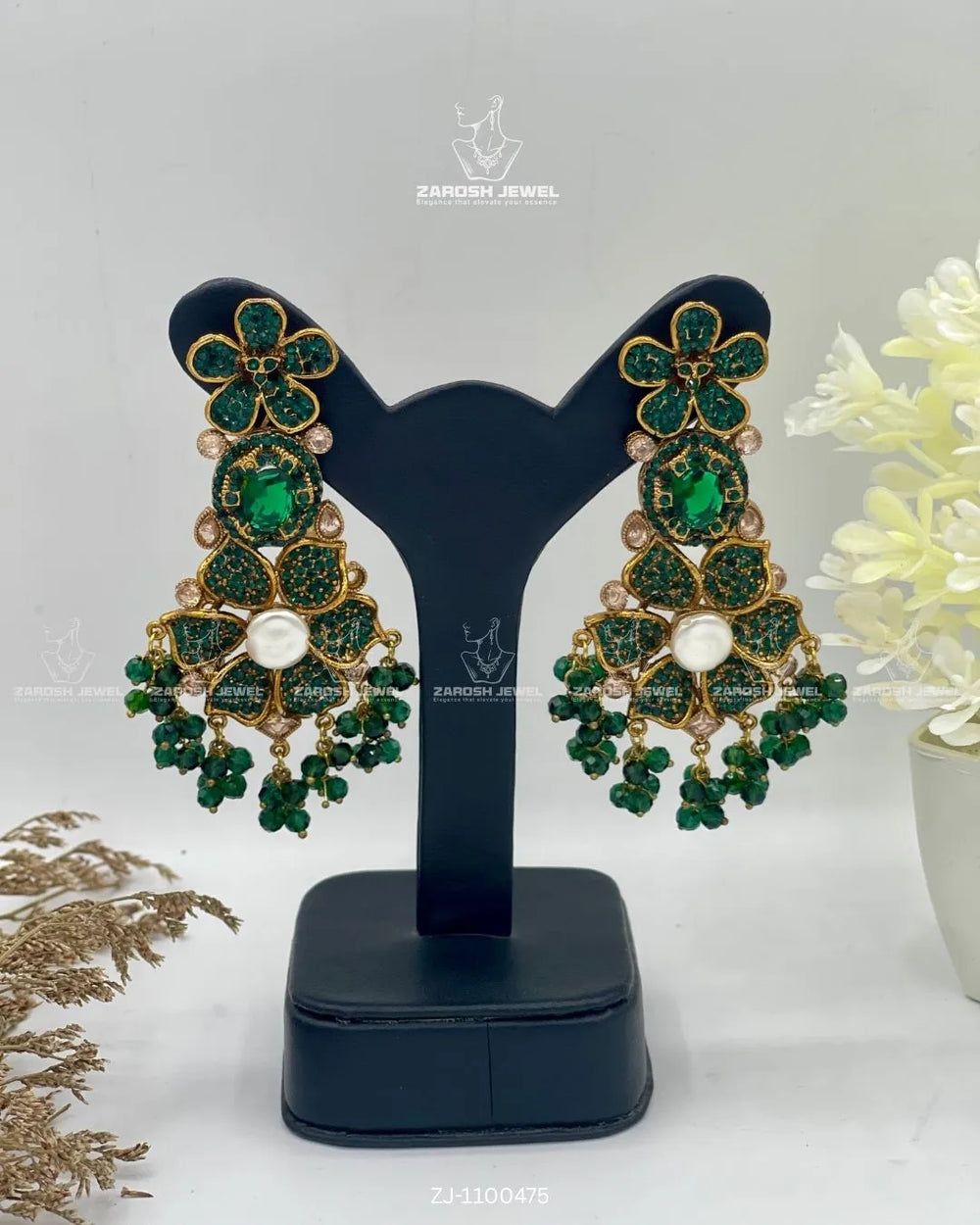 Bridal Pearl Floral Jhumkay | ZAROSH JEWEL Emerald Green