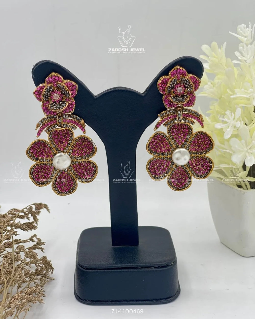 Gul-e-Shab Stud Earrings | ZAROSH JEWEL Magenta Pink
