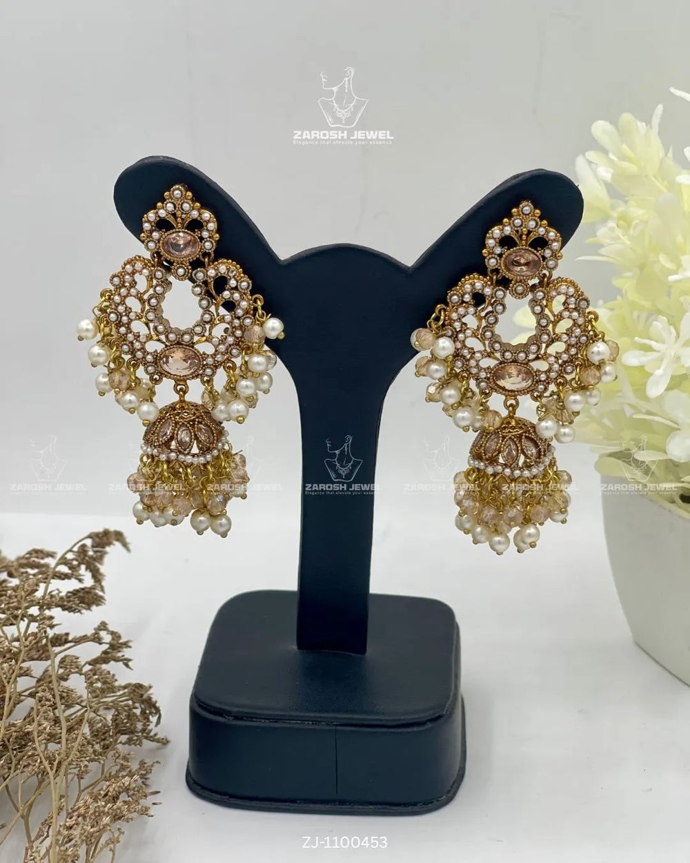 Qamar Jhumkay | ZAROSH JEWEL Pearl Champagne