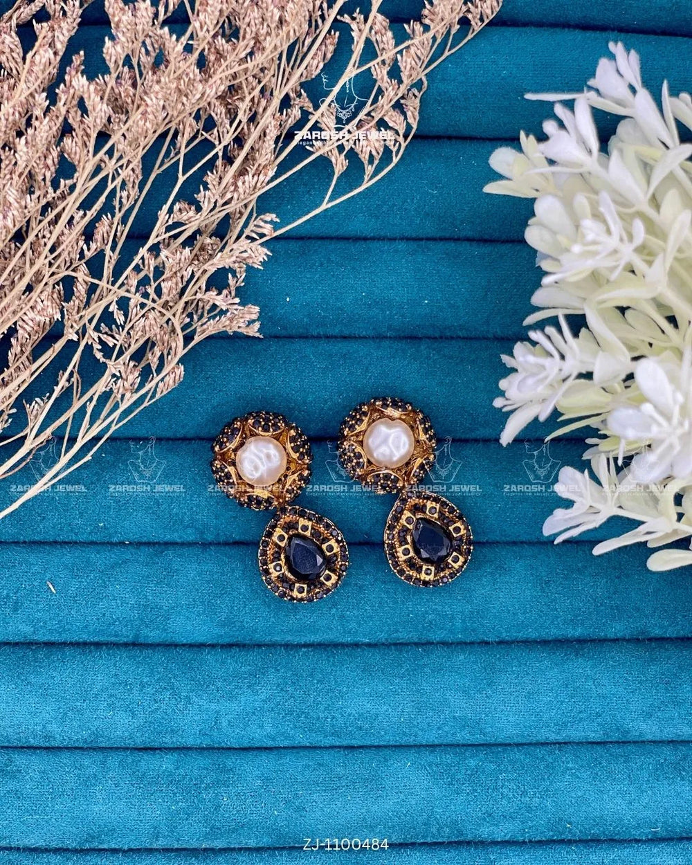 Kundan Pearl Drop Earrings | ZAROSH JEWEL Navy Blue