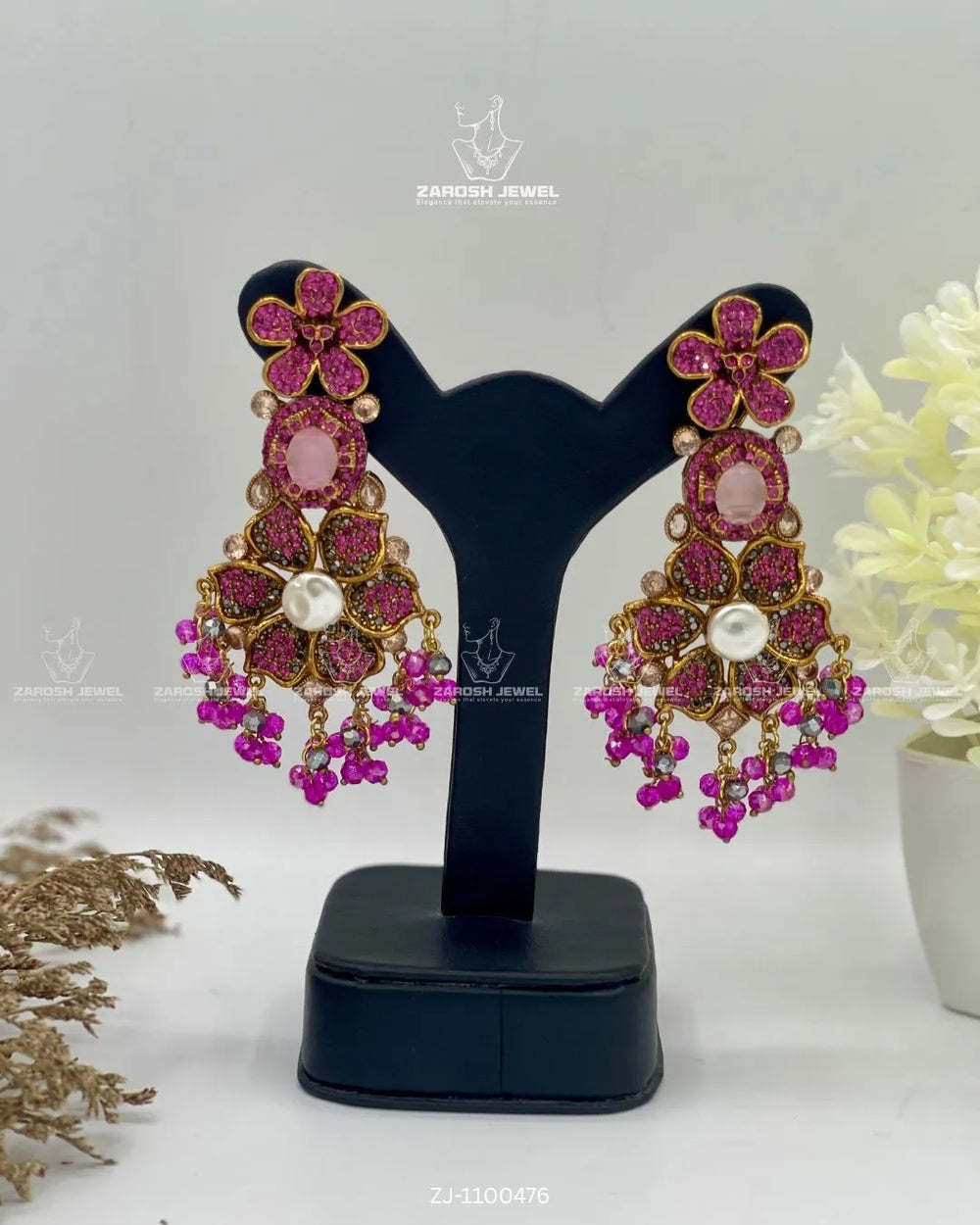 Bridal Pearl Floral Jhumkay | ZAROSH JEWEL Fuchsia