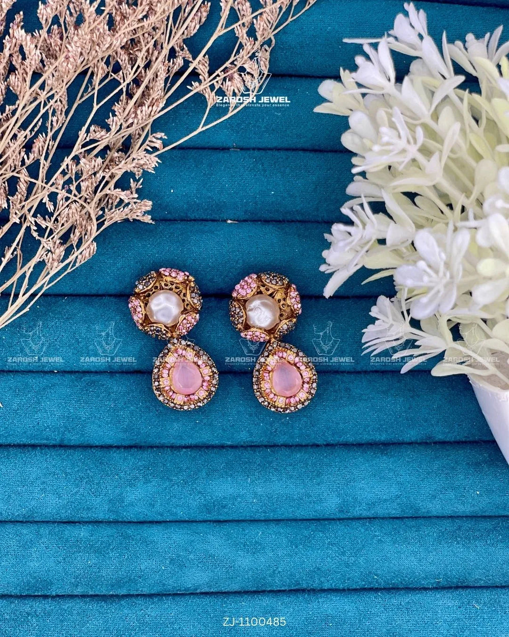 Kundan Pearl Drop Earrings | ZAROSH JEWEL Pink
