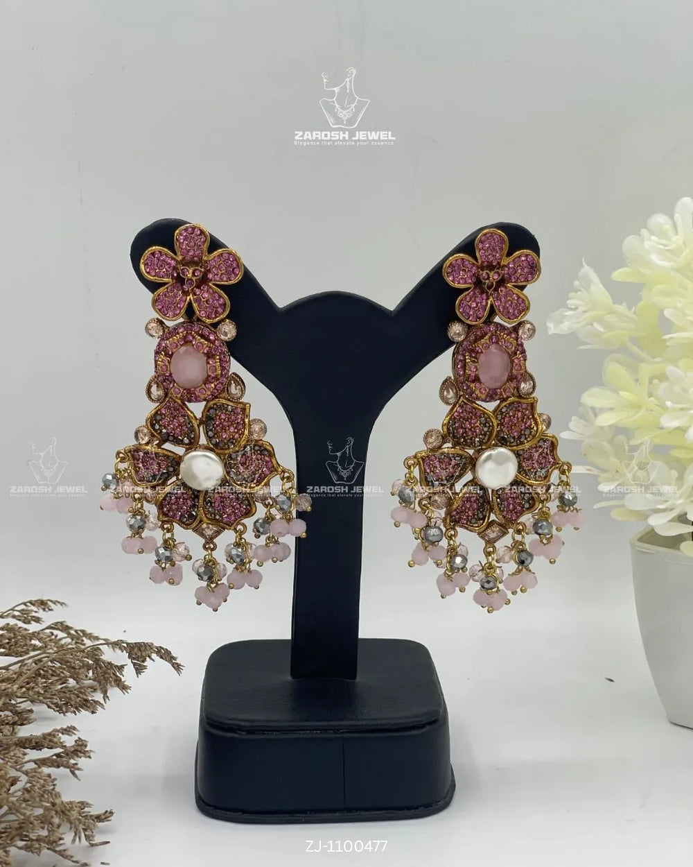 Bridal Pearl Floral Jhumkay | ZAROSH JEWEL Mint Pink