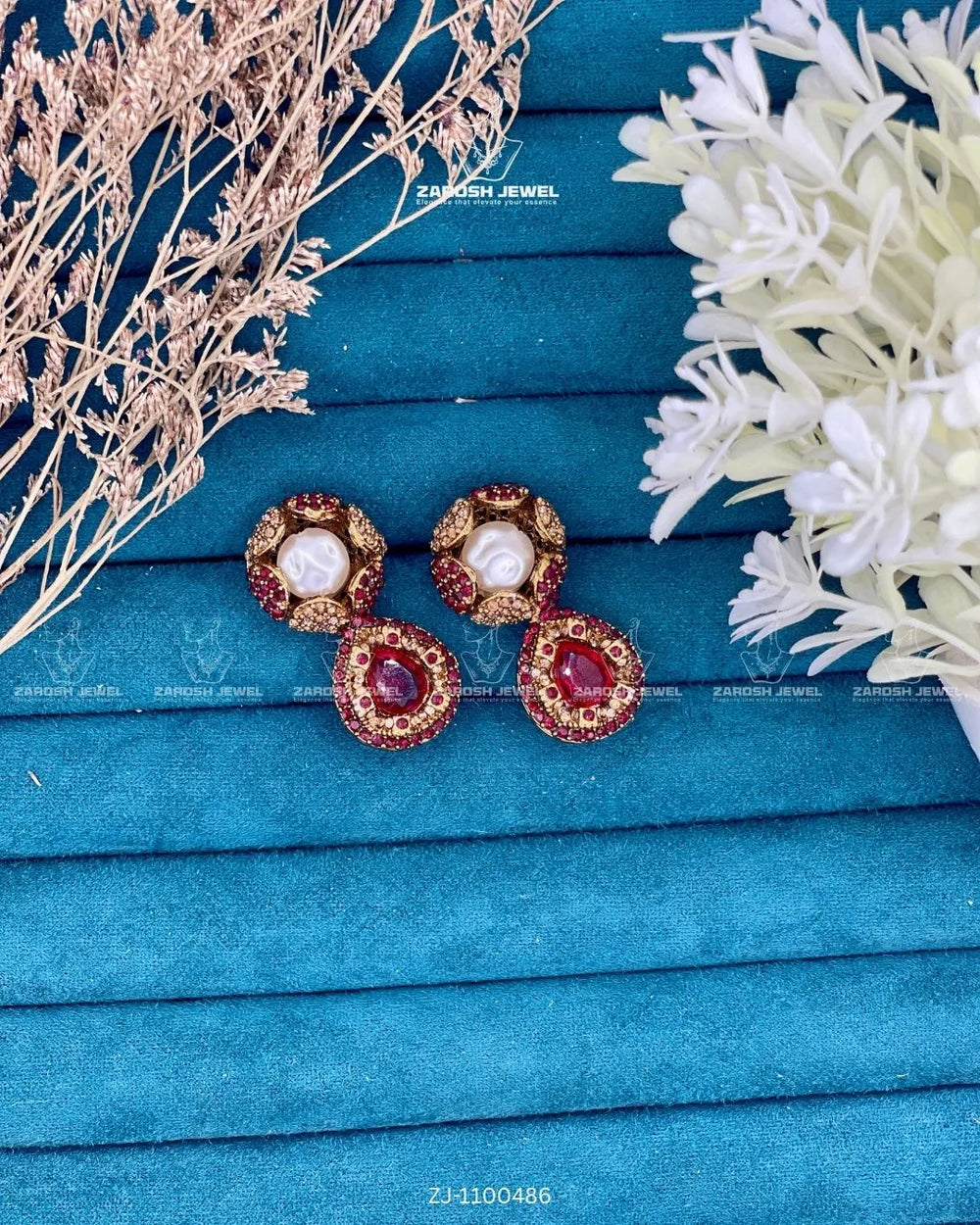 Kundan Pearl Drop Earrings | ZAROSH JEWEL Red