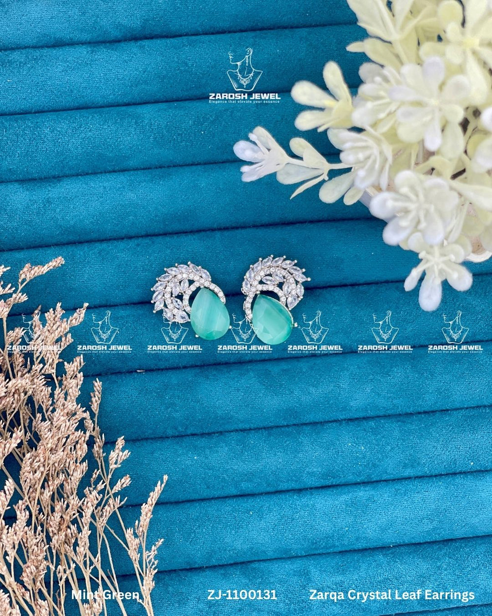 Zarqa Crystal Leaf Earrings | ZAROSH JEWEL Mint Green