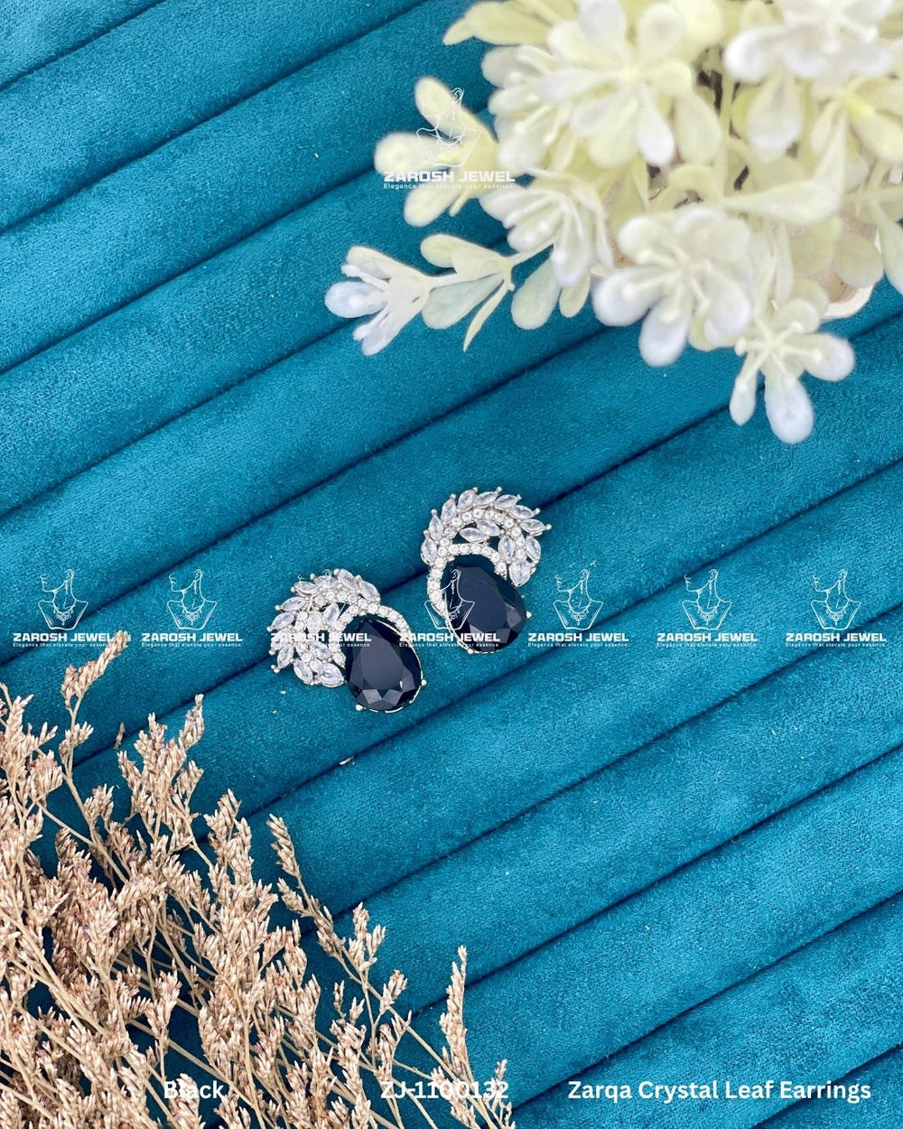 Zarqa Crystal Leaf Earrings | ZAROSH JEWEL Black