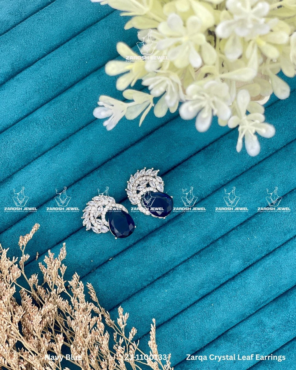 Zarqa Crystal Leaf Earrings | ZAROSH JEWEL Navy Blue