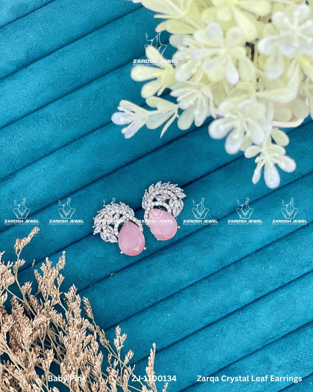Zarqa Crystal Leaf Earrings | ZAROSH JEWEL Baby Pink