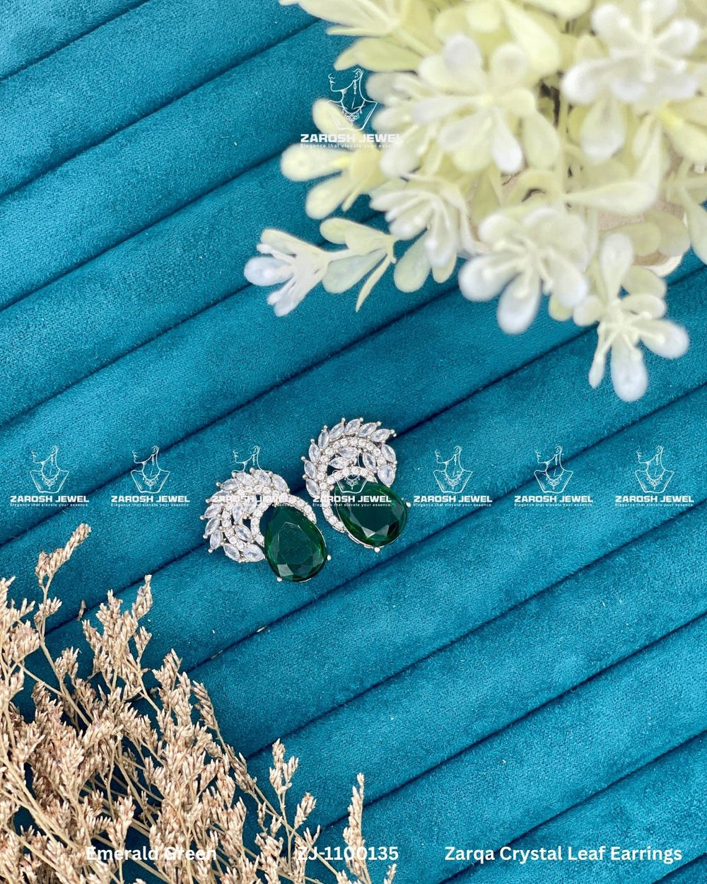 Zarqa Crystal Leaf Earrings | ZAROSH JEWEL Emerald Green