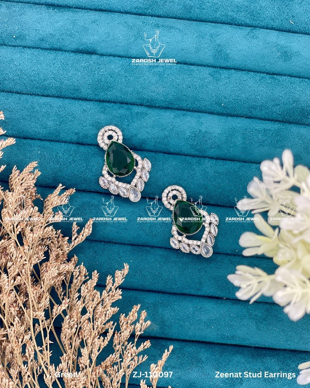 Zeenat Stud Earrings | ZAROSH JEWEL Green