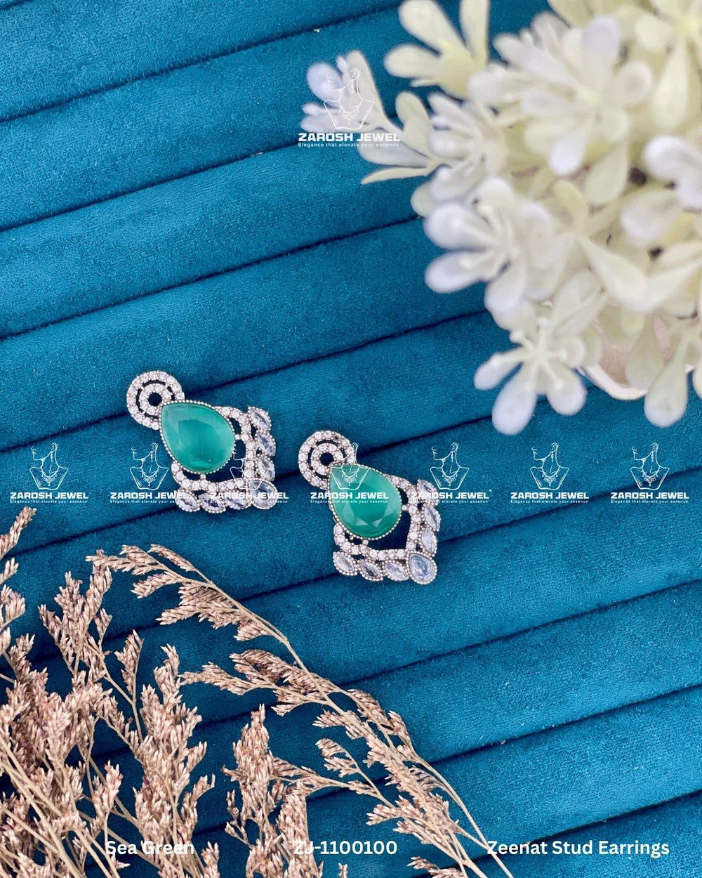 Zeenat Stud Earrings | ZAROSH JEWEL Sea Green
