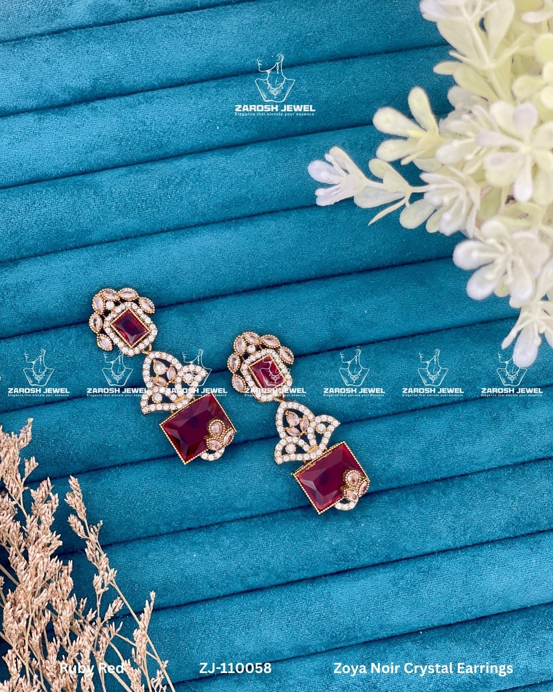 Zoya Noir Crystal Earrings | ZAROSH JEWEL Ruby Red