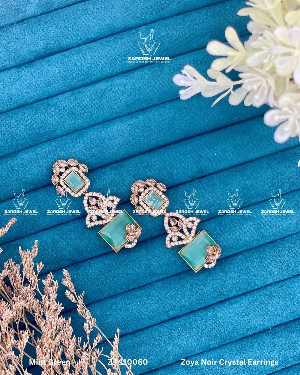 Zoya Noir Crystal Earrings | ZAROSH JEWEL Mint Green